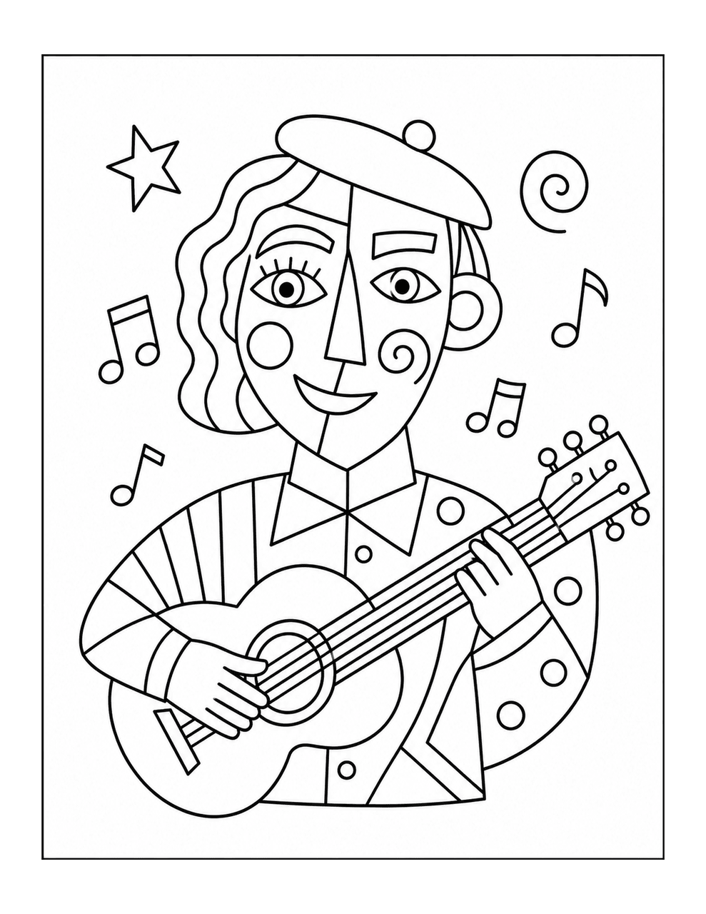 Picasso-inspired musician playing a guitar coloring page for kids