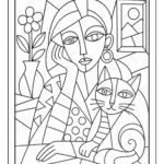 Picasso-inspired woman with a cat coloring page in a playful cubist style