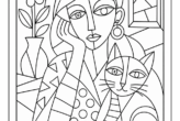 Picasso-inspired woman with a cat coloring page in a playful cubist style