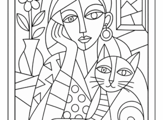 Picasso-inspired woman with a cat coloring page in a playful cubist style