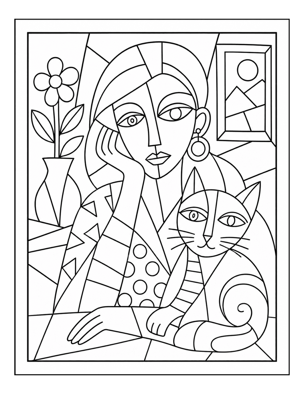Picasso-inspired woman with a cat coloring page in a playful cubist style