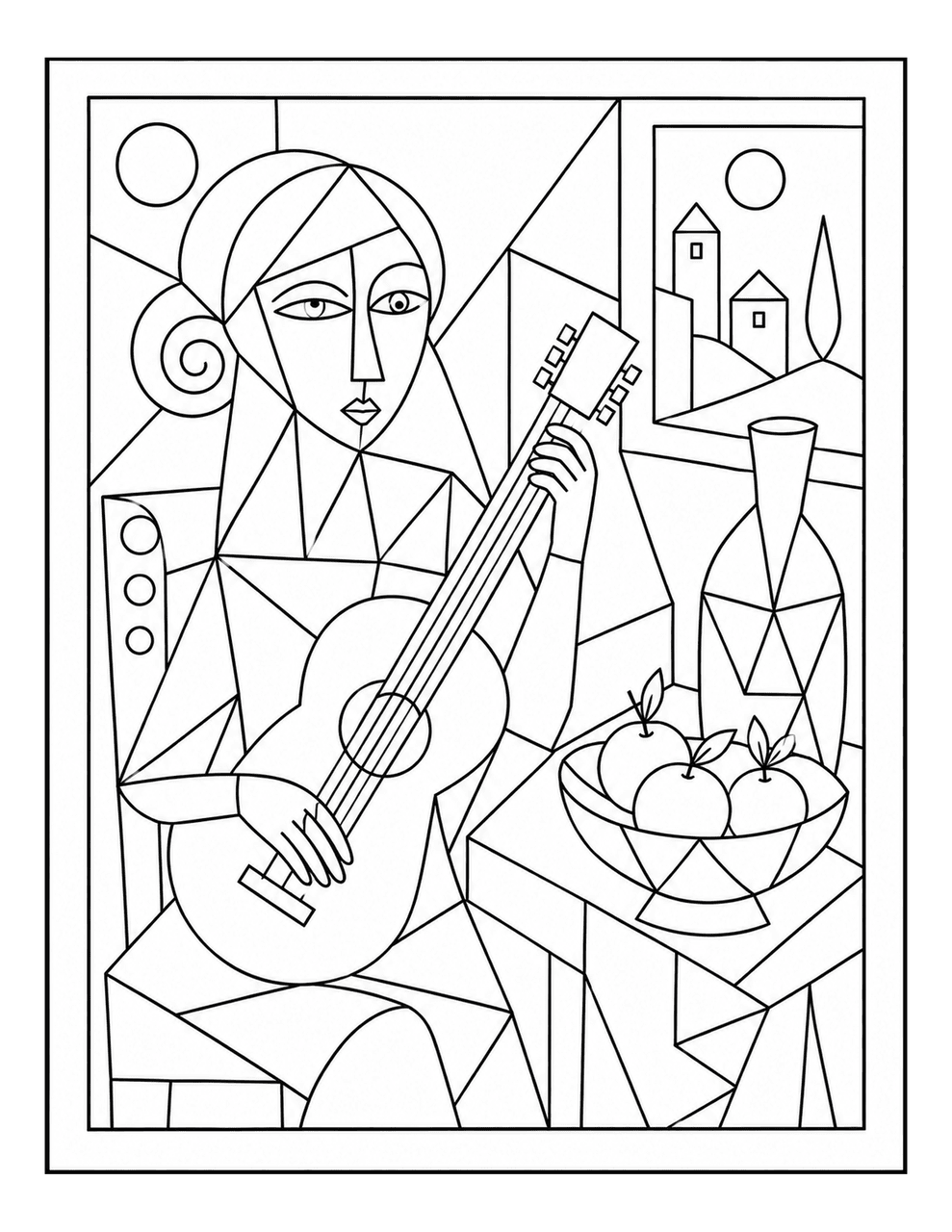 Picasso-inspired woman playing guitar coloring page with simple cubist shapes