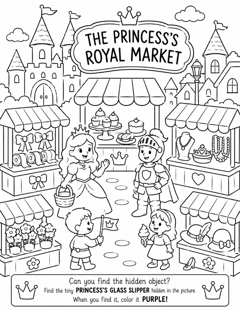 Princess's Royal Market coloring page with a princess, knight, fairytale castle, and whimsical market stalls.