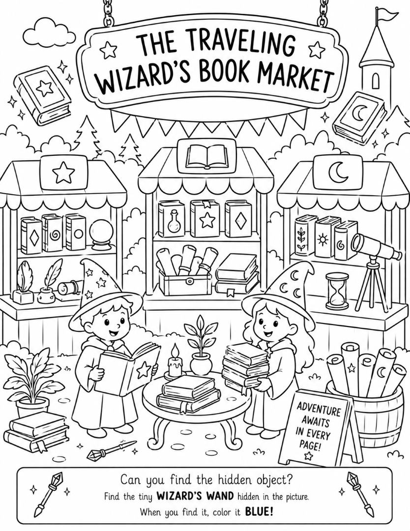 Traveling Wizard's Book Market coloring page with young wizards, magical books, scrolls, and enchanted book stalls.