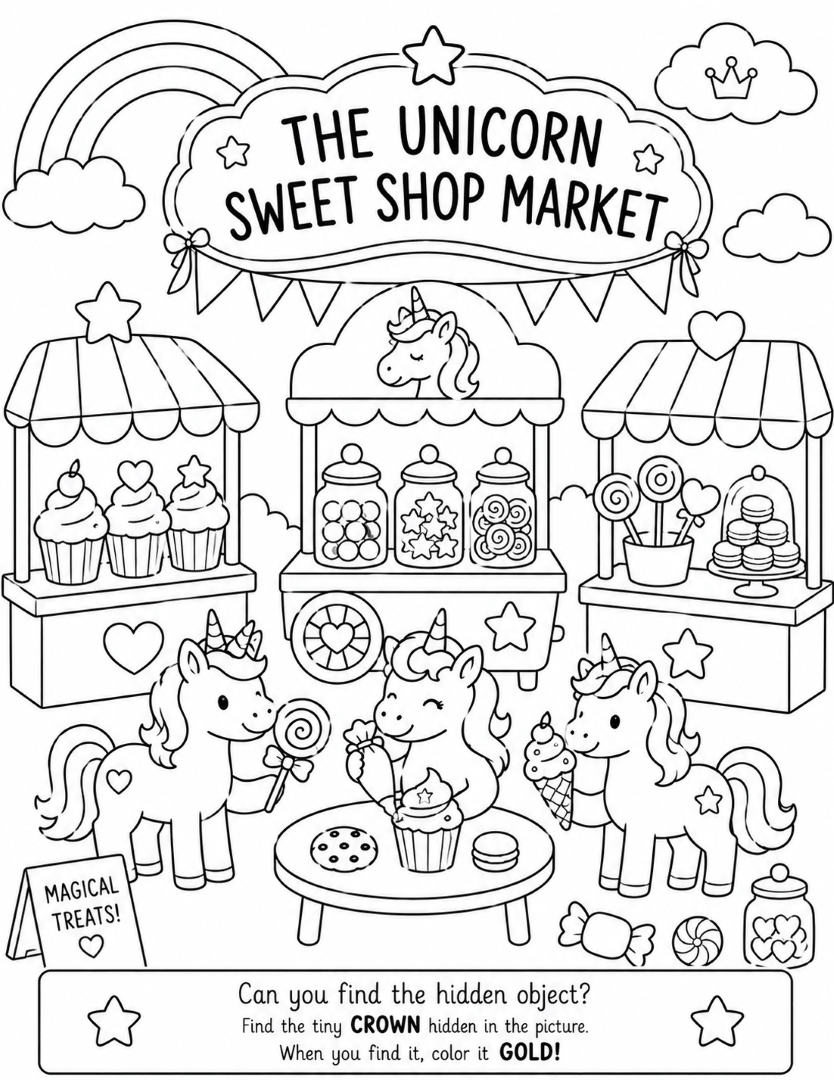 Unicorn Sweet Shop Market coloring page with cute unicorns, cupcakes, candy, lollipops, and magical dessert stalls.