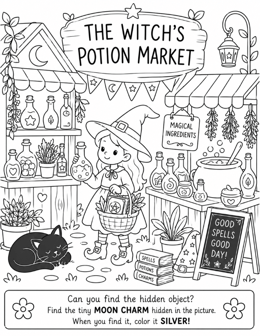 Witch's Potion Market coloring page with friendly witches shopping at a whimsical magical marketplace.