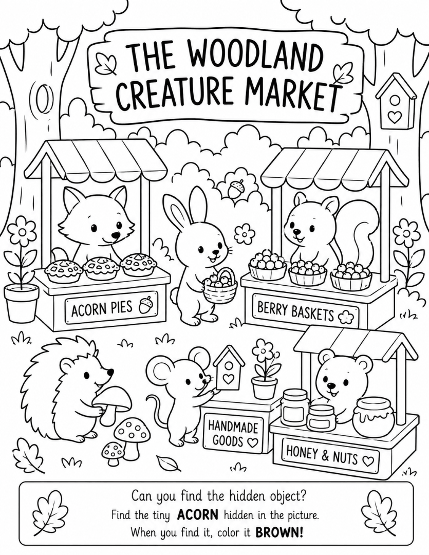 Woodland Creature Market coloring page with foxes, rabbits, squirrels, and other forest animals at an outdoor market.