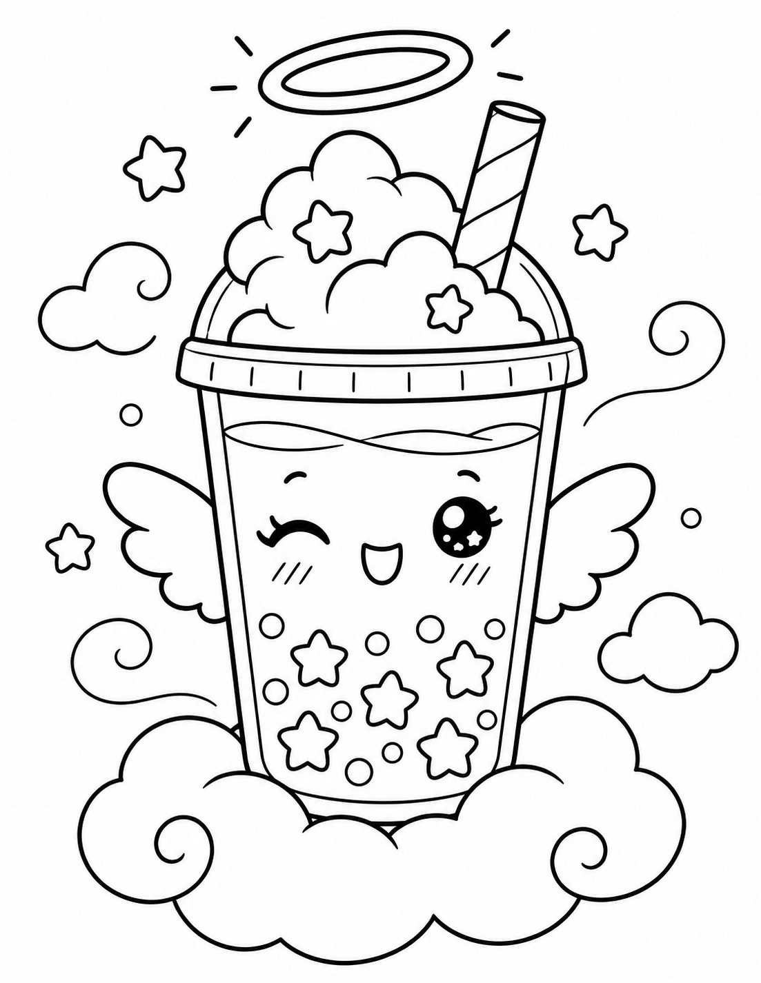 Kawaii angel boba tea coloring page with wings, halo, clouds and stars