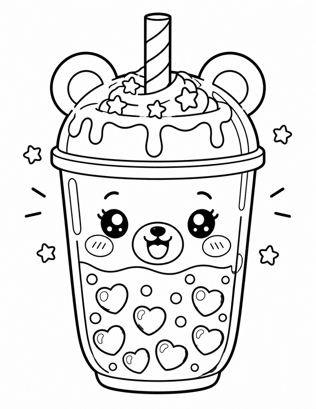 Kawaii bear boba tea coloring page with hearts, stars and whipped topping
