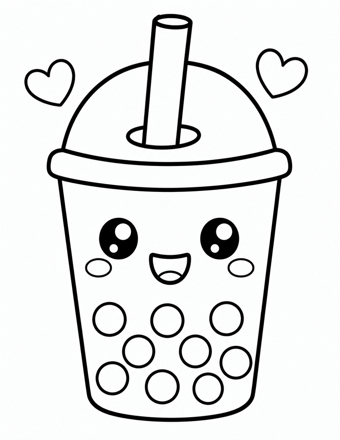Kawaii boba tea coloring page with cute smiling face