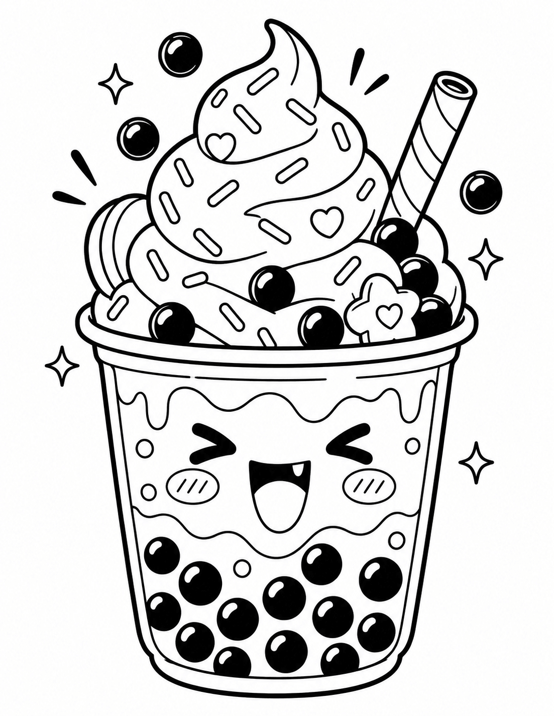 Kawaii boba tea parfait coloring page with whipped cream, sprinkles and tapioca pearls