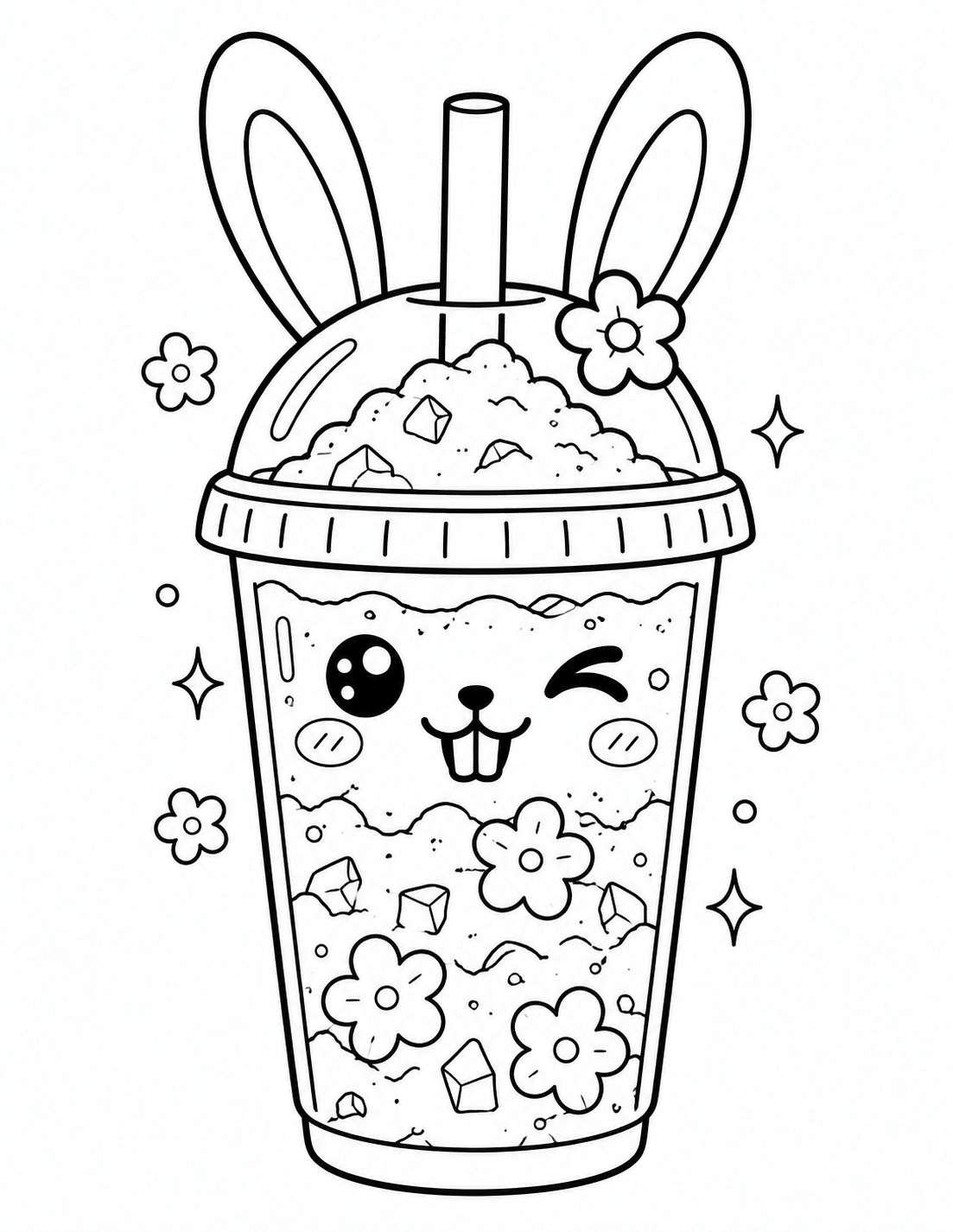 Kawaii bunny boba tea coloring page with flowers and a cute winking face