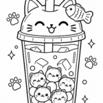 Kawaii cat boba tea coloring page with kitty lid, fish and cat-shaped boba pearls