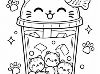 Kawaii cat boba tea coloring page with kitty lid, fish and cat-shaped boba pearls