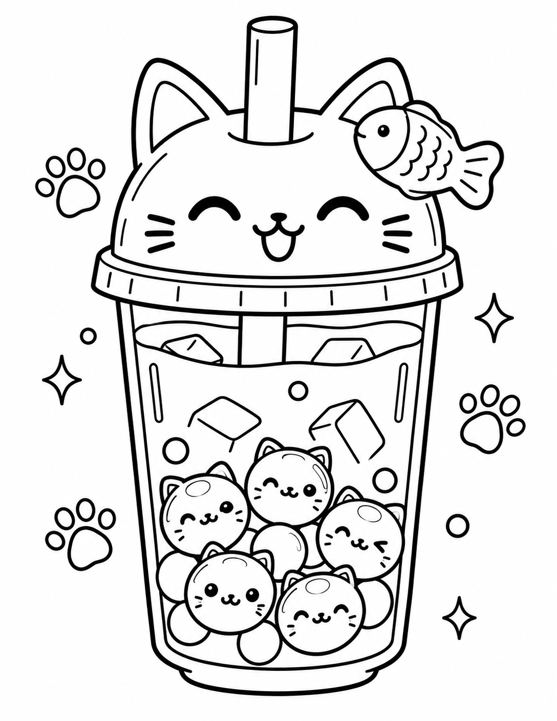 Kawaii cat boba tea coloring page with kitty lid, fish and cat-shaped boba pearls