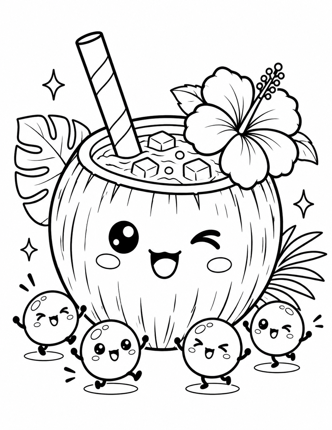 Kawaii coconut boba tea coloring page with hibiscus flower and cute tapioca pearls