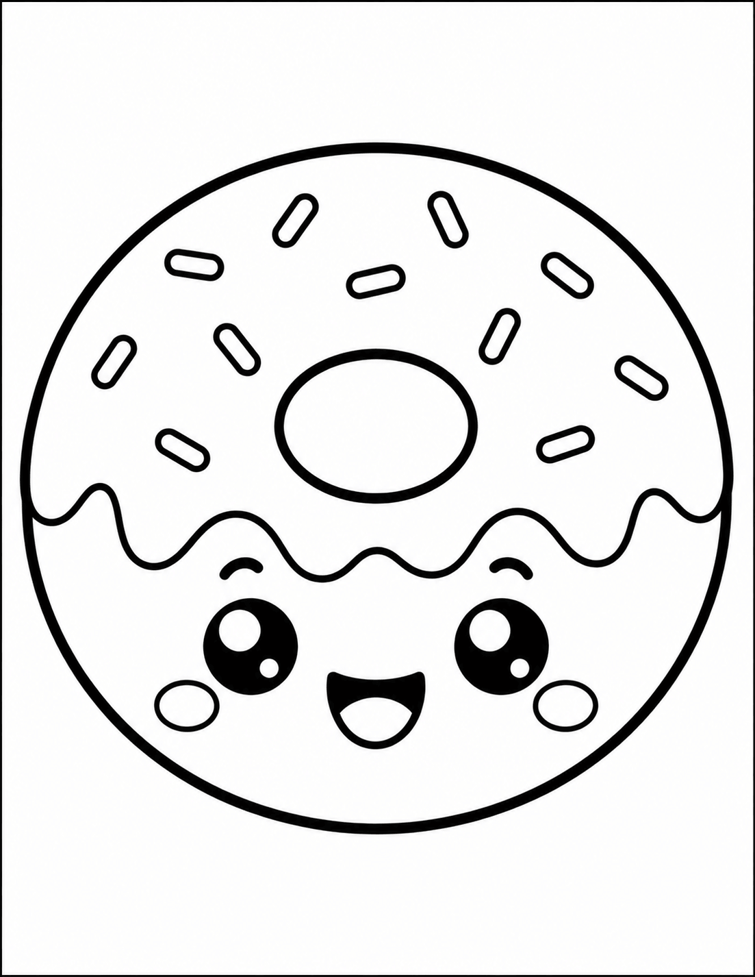 Cute kawaii donut coloring page with frosting and sprinkles
