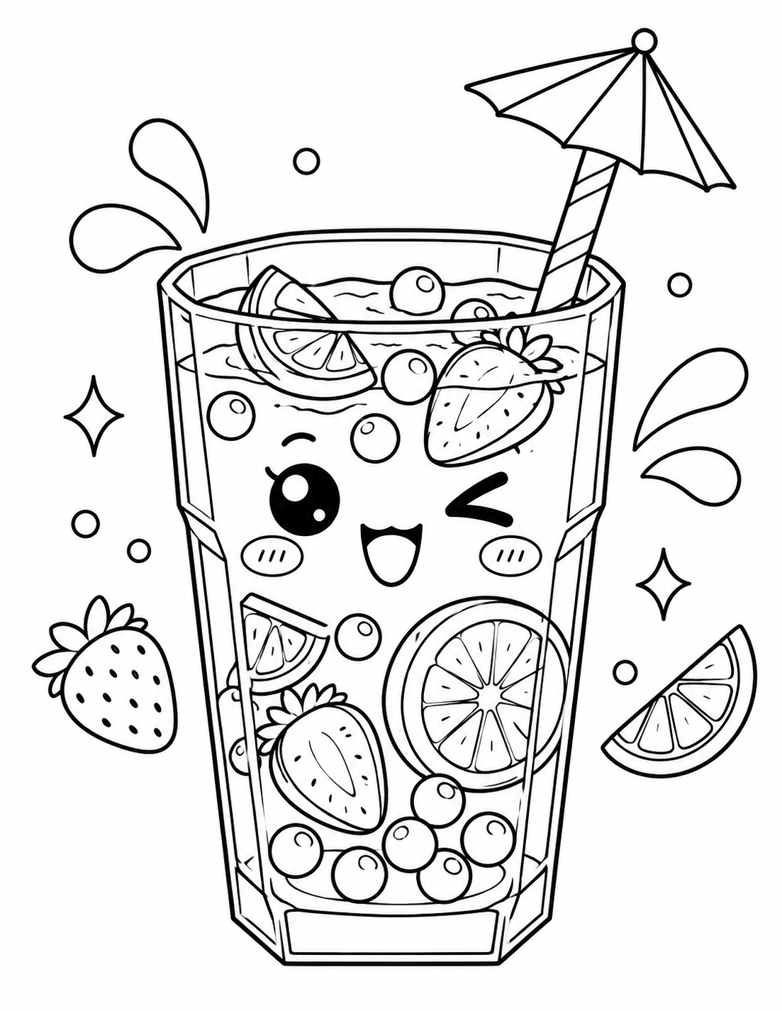 Kawaii fruit boba tea coloring page with strawberries, orange slices and berries