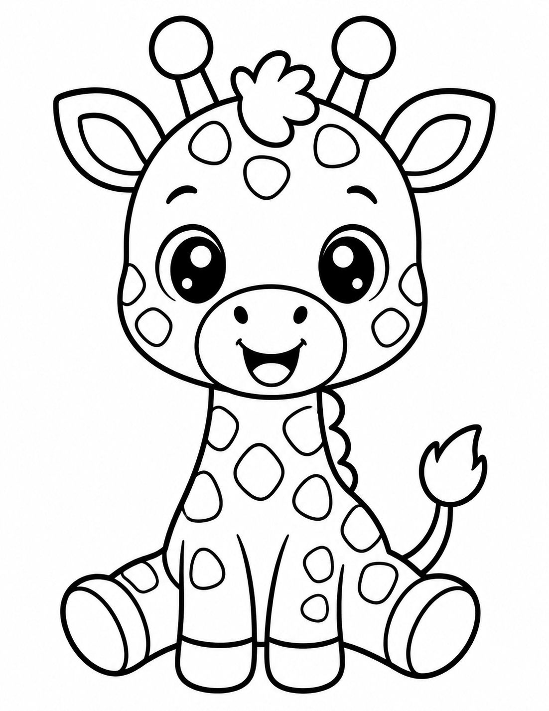Kawaii giraffe coloring page with big eyes and a happy face