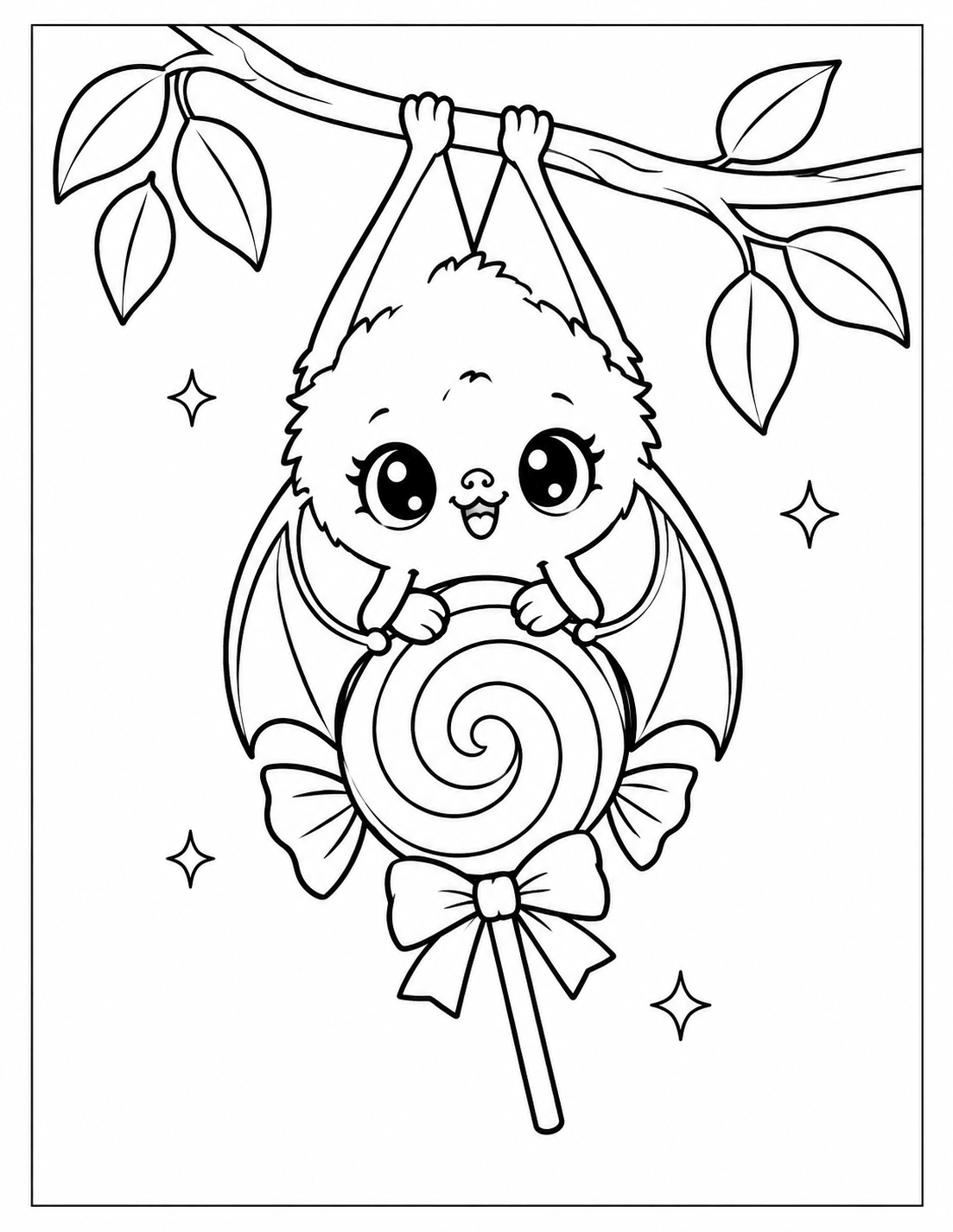 Kawaii Halloween bat holding a lollipop coloring page