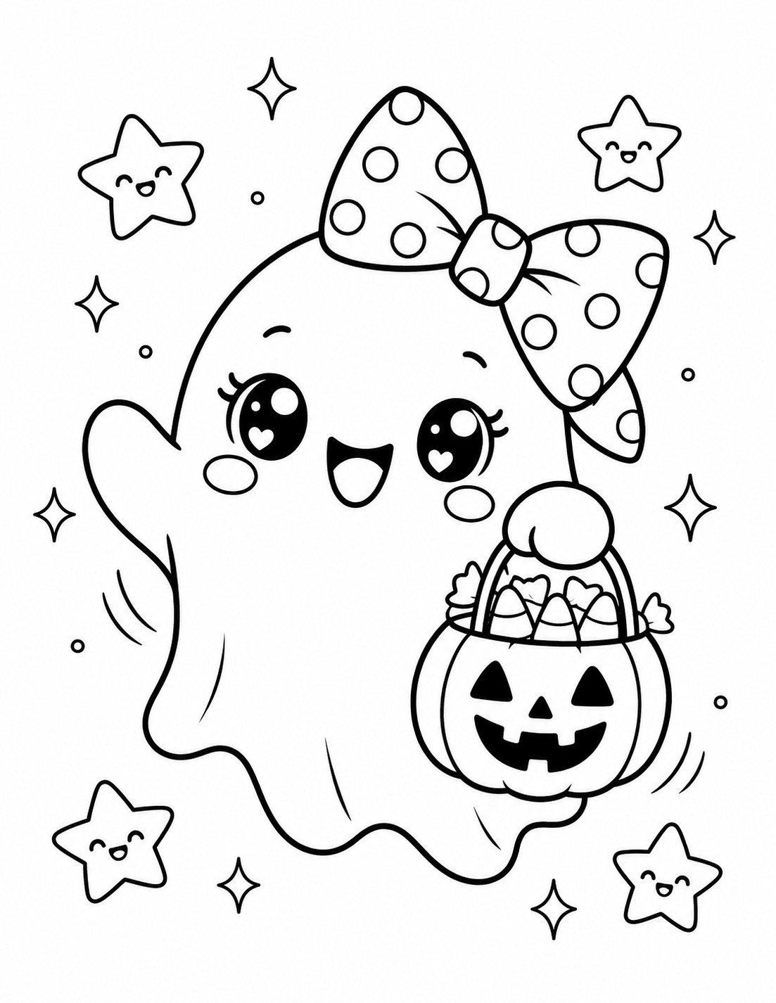Kawaii Halloween ghost holding a pumpkin candy bucket coloring page
