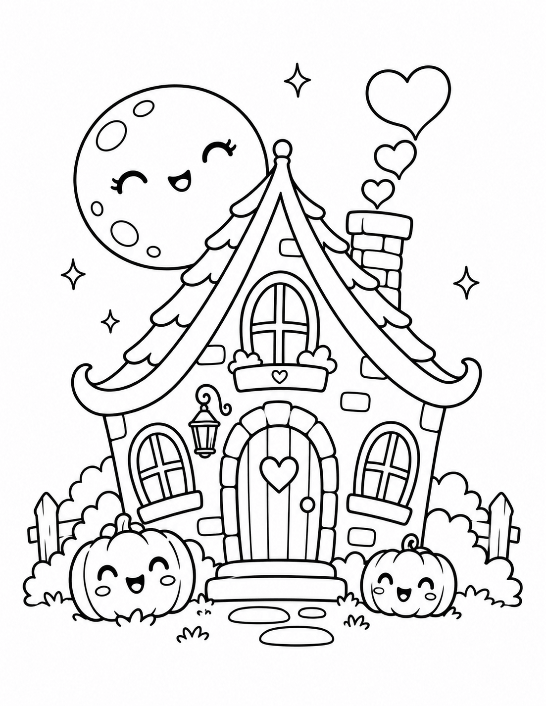 Kawaii Halloween house with cute pumpkins and moon coloring page