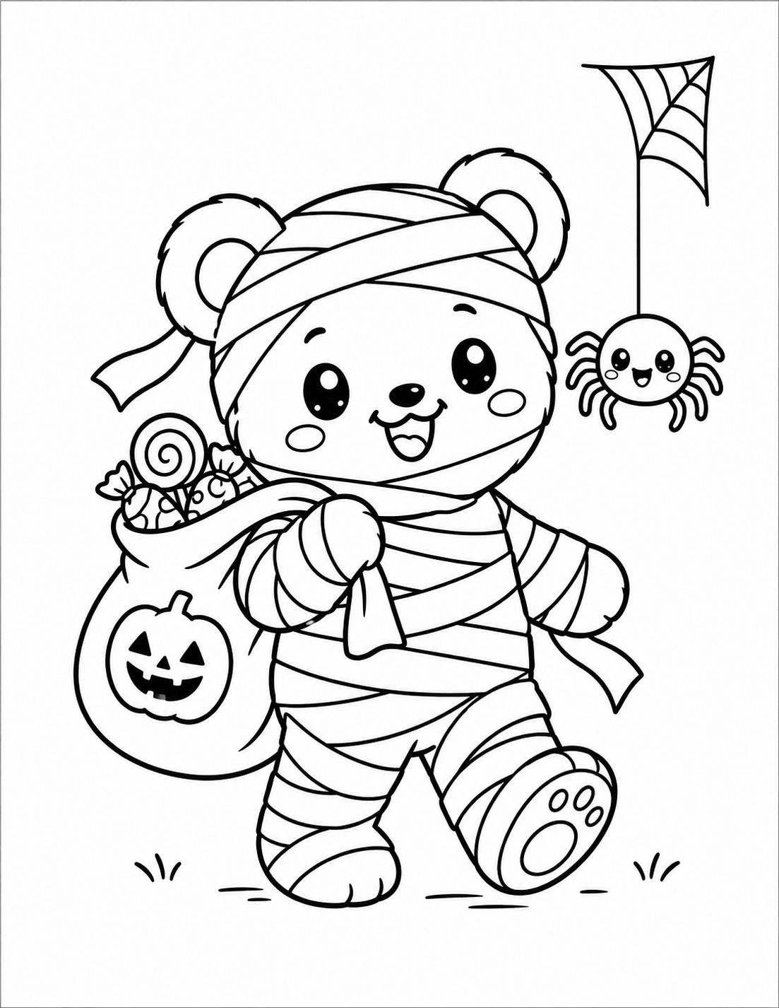 Kawaii Halloween mummy bear trick or treating coloring page