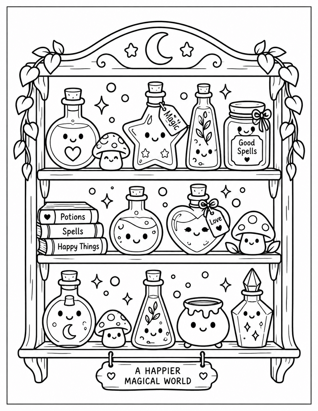 Kawaii Halloween magic potions and spell bottles coloring page
