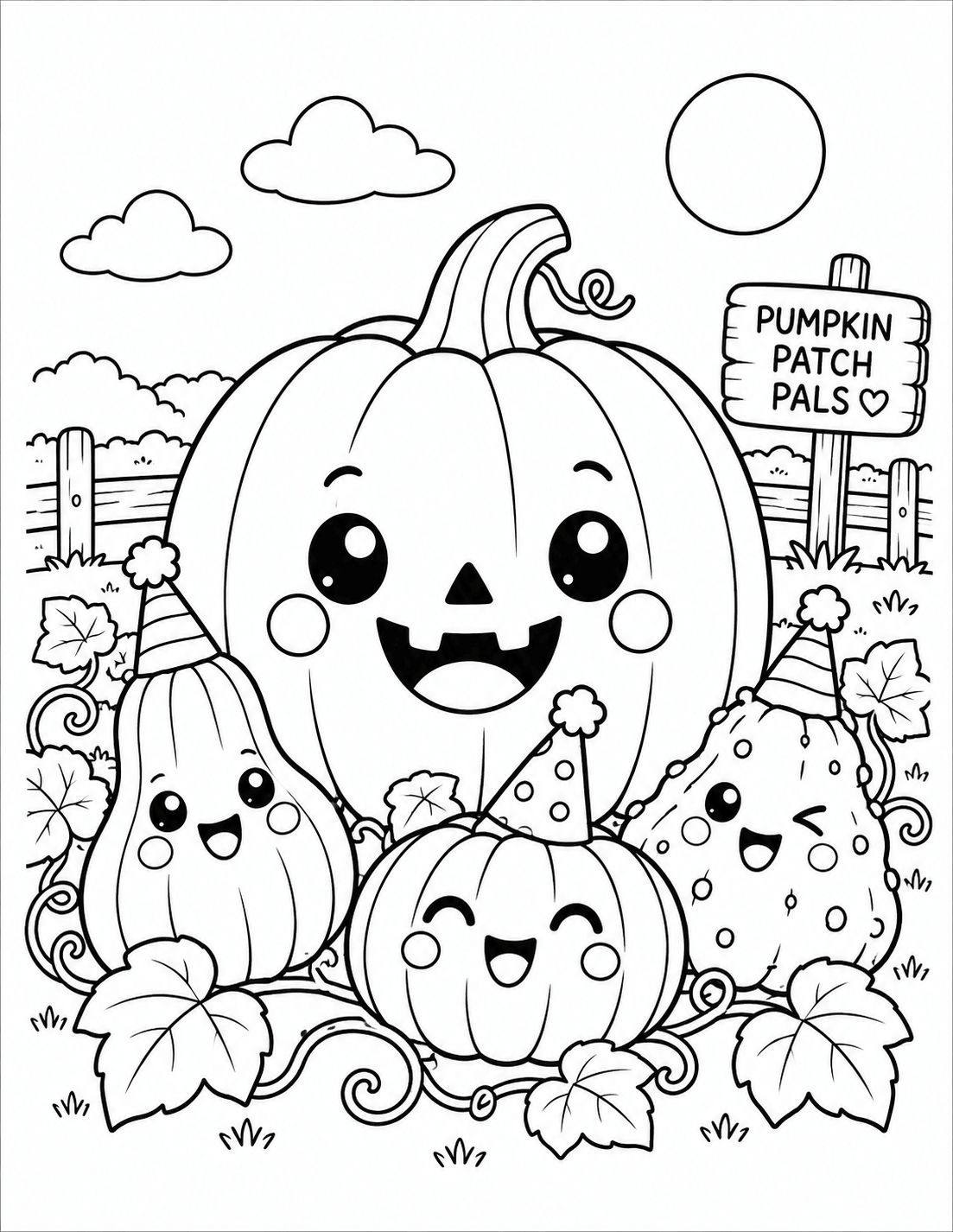 Kawaii Halloween pumpkin patch with cute smiling pumpkins coloring page