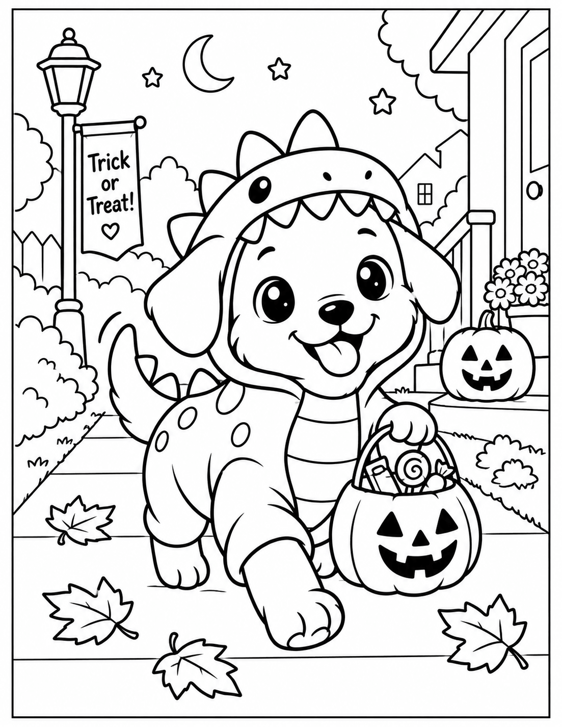 Kawaii Halloween puppy in dinosaur costume trick or treating coloring page