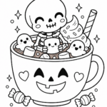Kawaii Halloween skeleton and ghosts in a hot chocolate mug coloring page