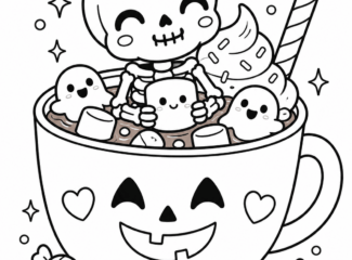 Kawaii Halloween skeleton and ghosts in a hot chocolate mug coloring page