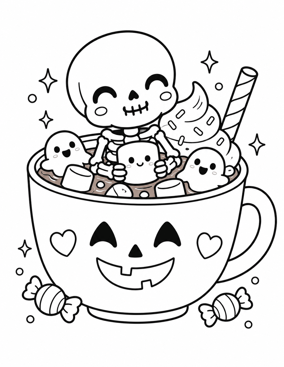 Kawaii Halloween skeleton and ghosts in a hot chocolate mug coloring page
