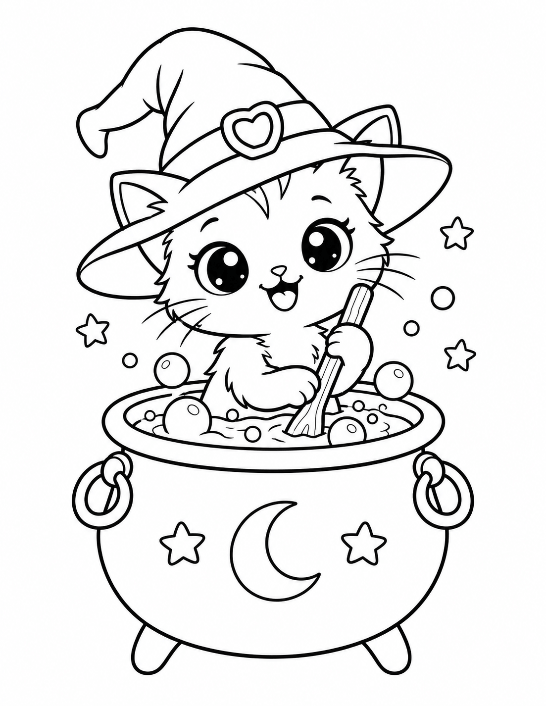 Kawaii Halloween witch cat stirring a magic cauldron coloring page