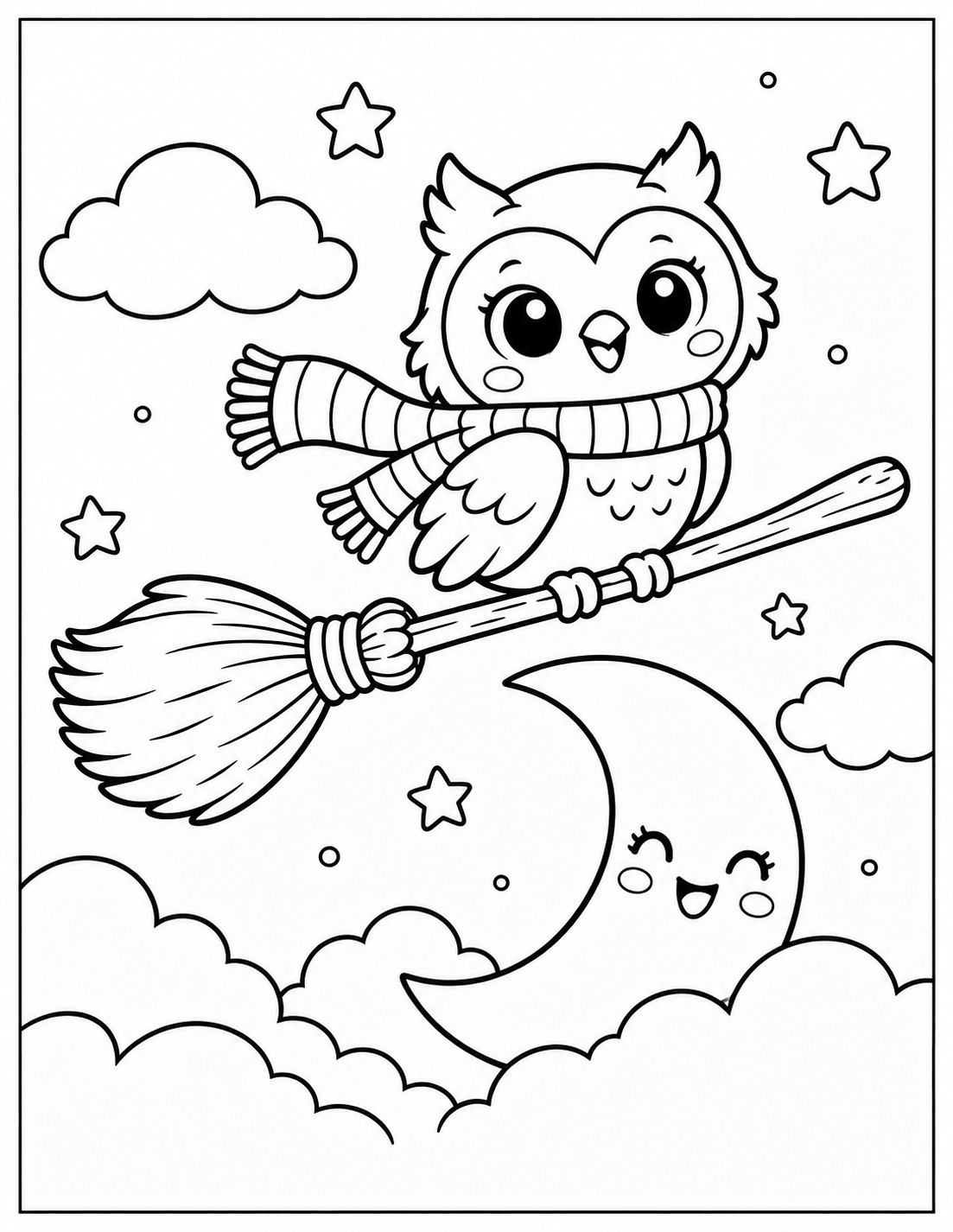 Kawaii Halloween witch owl flying on a broom coloring page