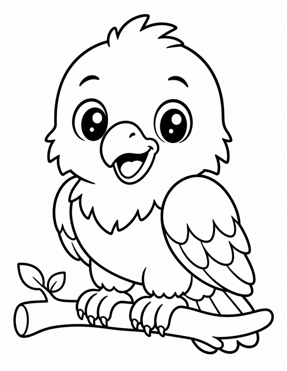 Cute kawaii hawk coloring page perched on a branch