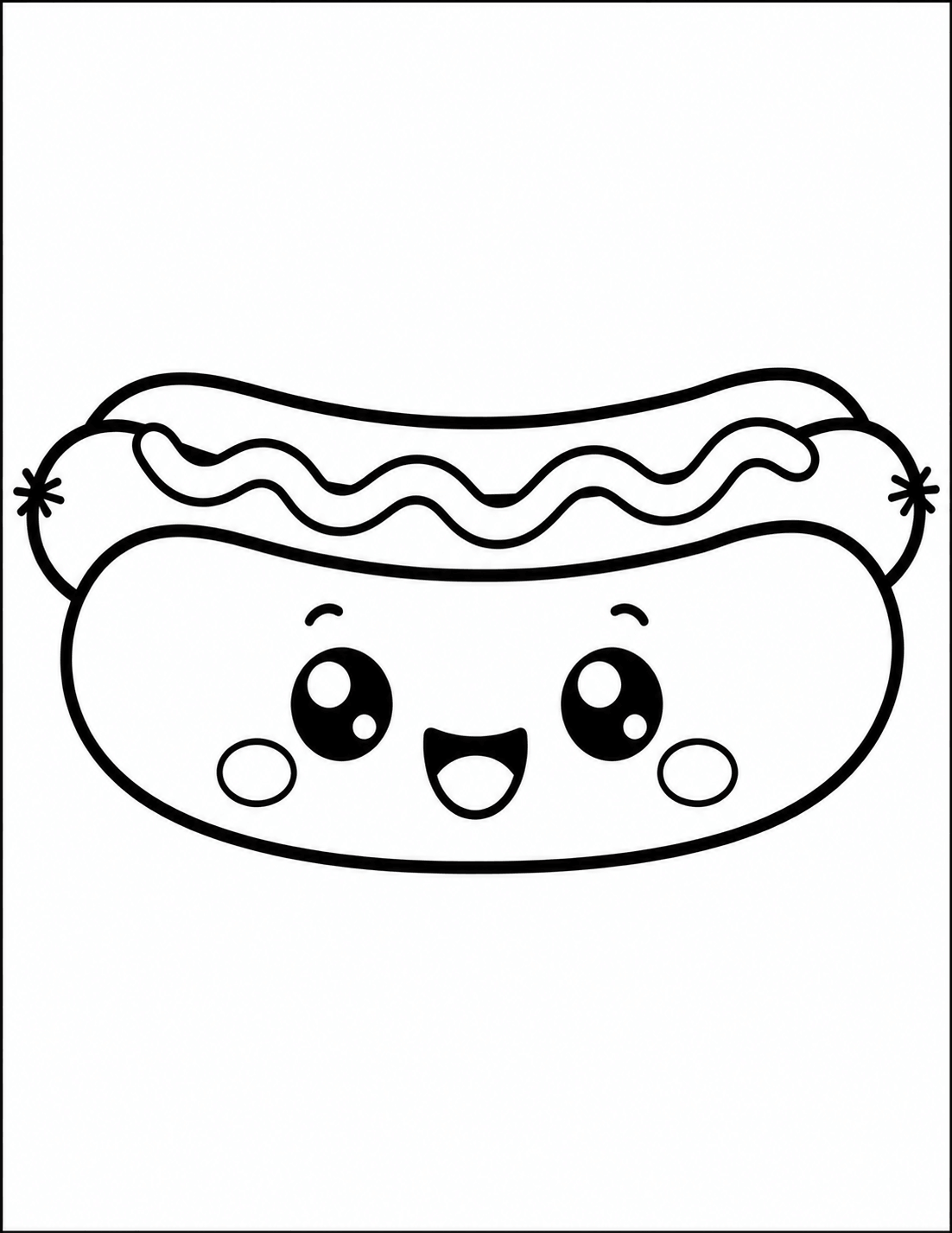 Kawaii hot dog coloring page with cute smiling face