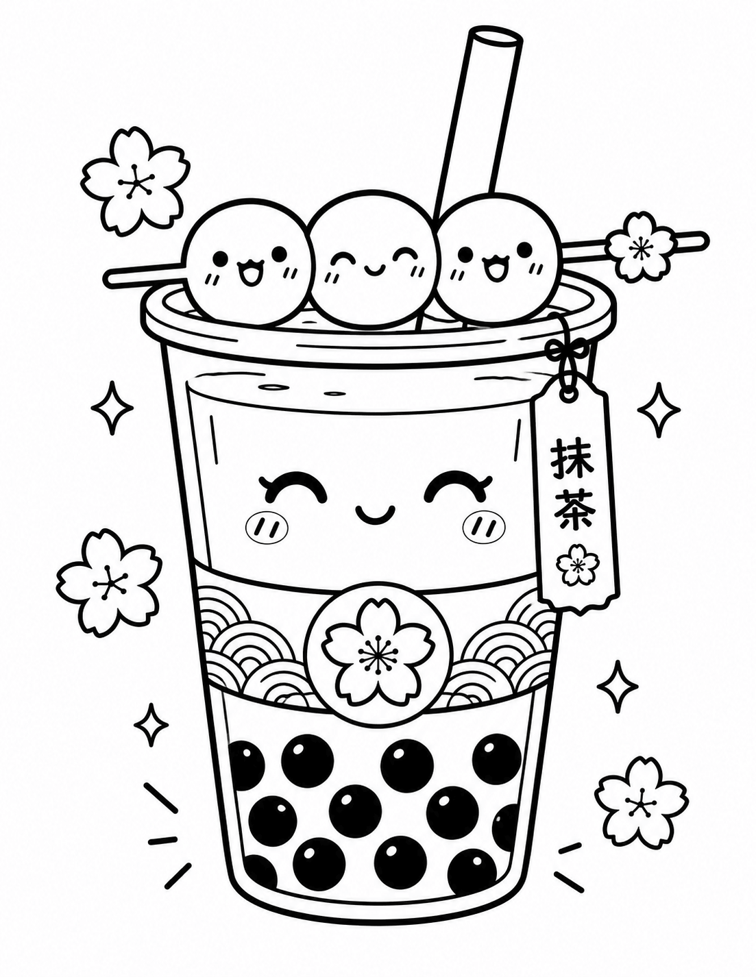 Kawaii matcha boba tea coloring page with dango, cherry blossoms and tapioca pearls