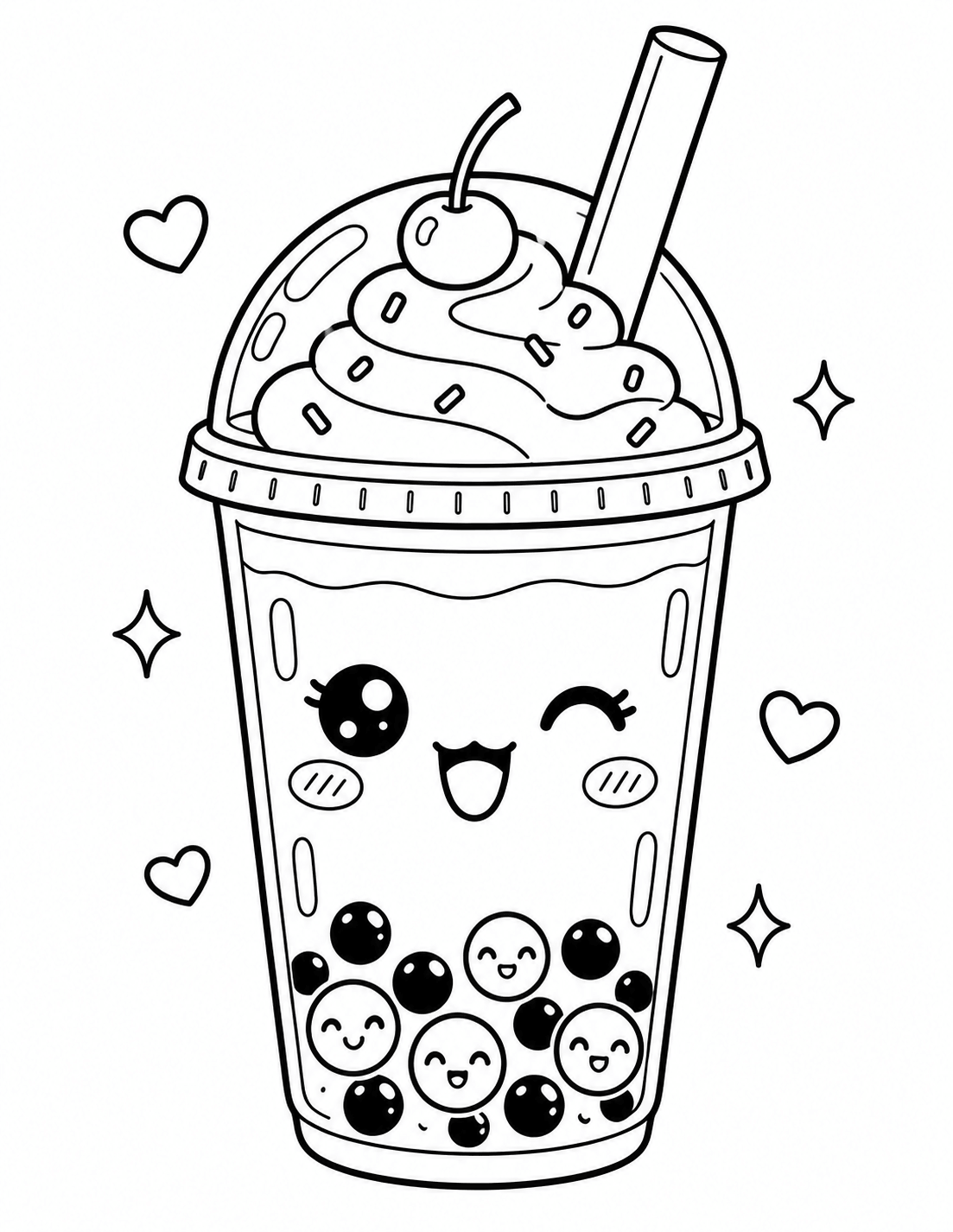 Kawaii boba milk tea coloring page in a mason jar with smiling tapioca pearls
