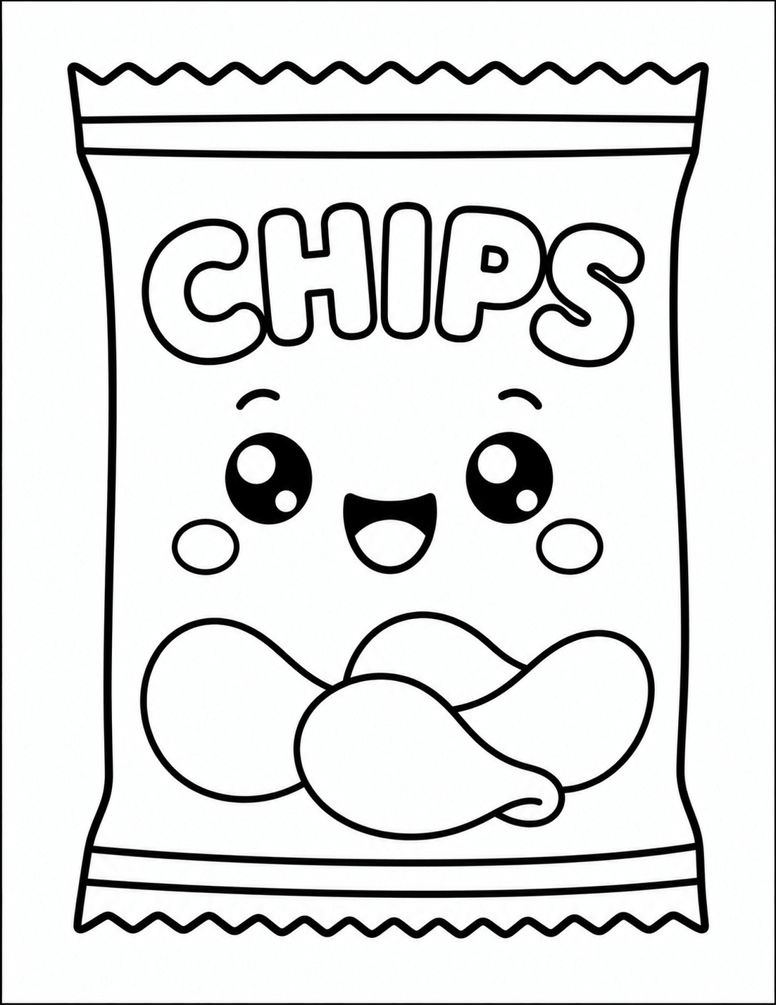 Kawaii potato chips bag coloring page with smiling face