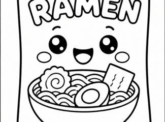 Kawaii ramen noodles coloring page with cute smiling package