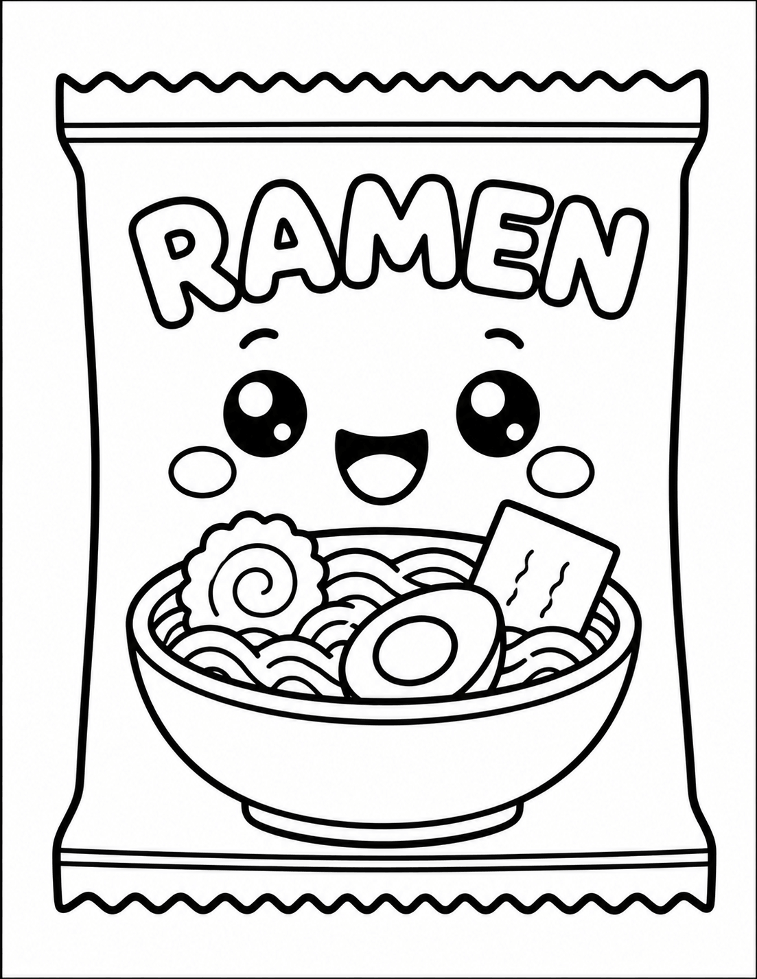 Kawaii ramen noodles coloring page with cute smiling package