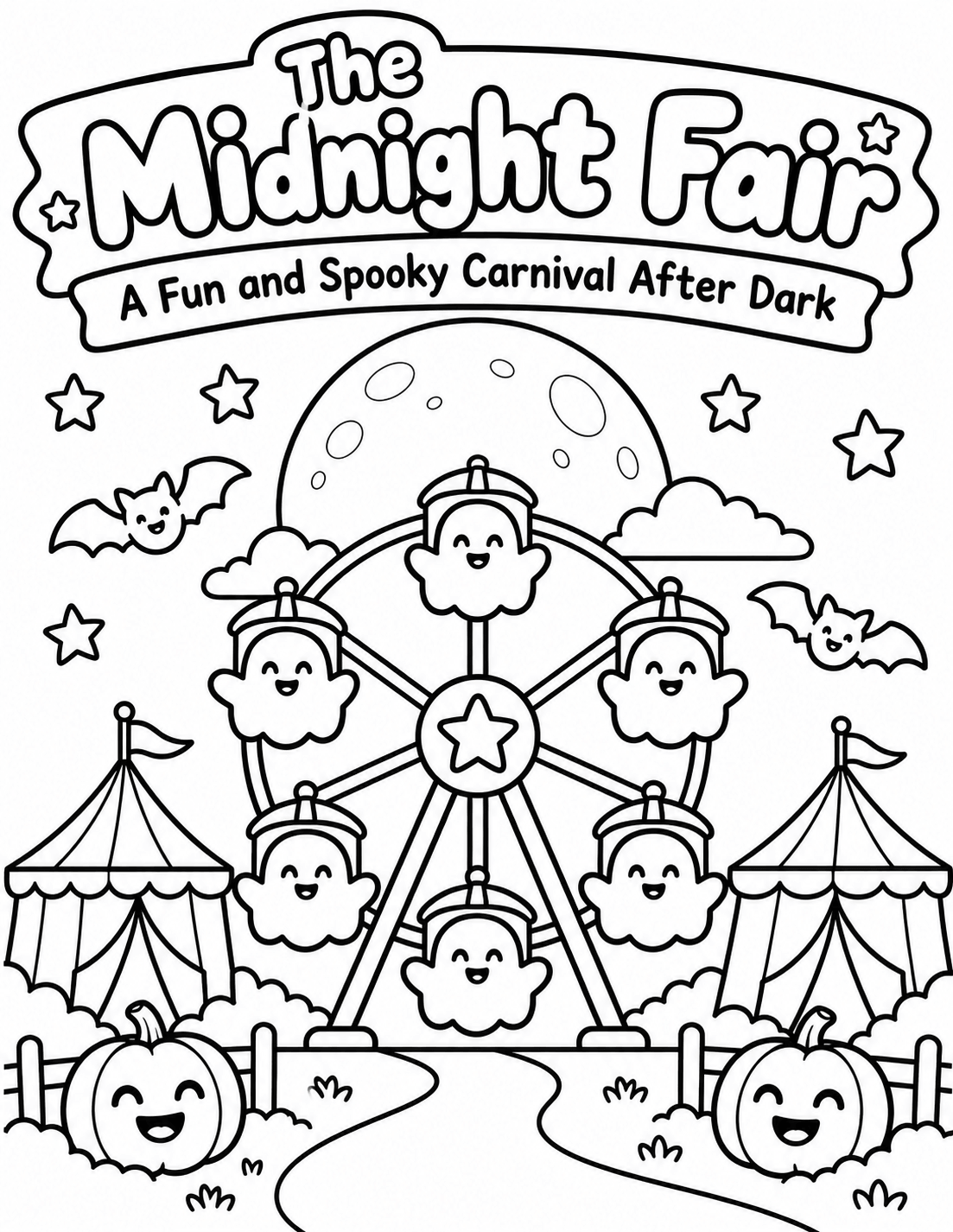 The Midnight Fair Halloween carnival coloring book cover featuring a Ferris wheel with smiling ghost rides, pumpkins, bats, carnival tents, and a full moon.