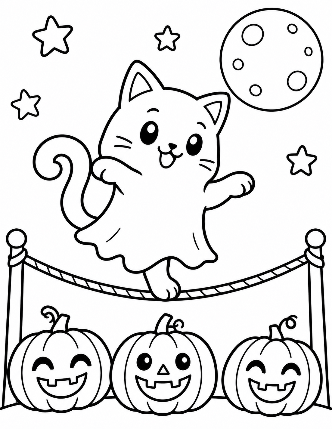 Cute Halloween ghost cat coloring page featuring a playful kitty dressed as a ghost balancing on a carnival tightrope above smiling pumpkins.