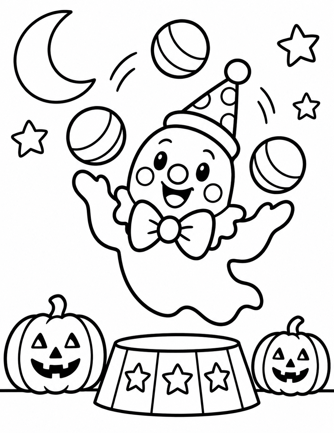 Cute Halloween ghost clown coloring page featuring a smiling ghost wearing a party hat and bow tie, juggling balls above a circus platform with jack-o'-lanterns.