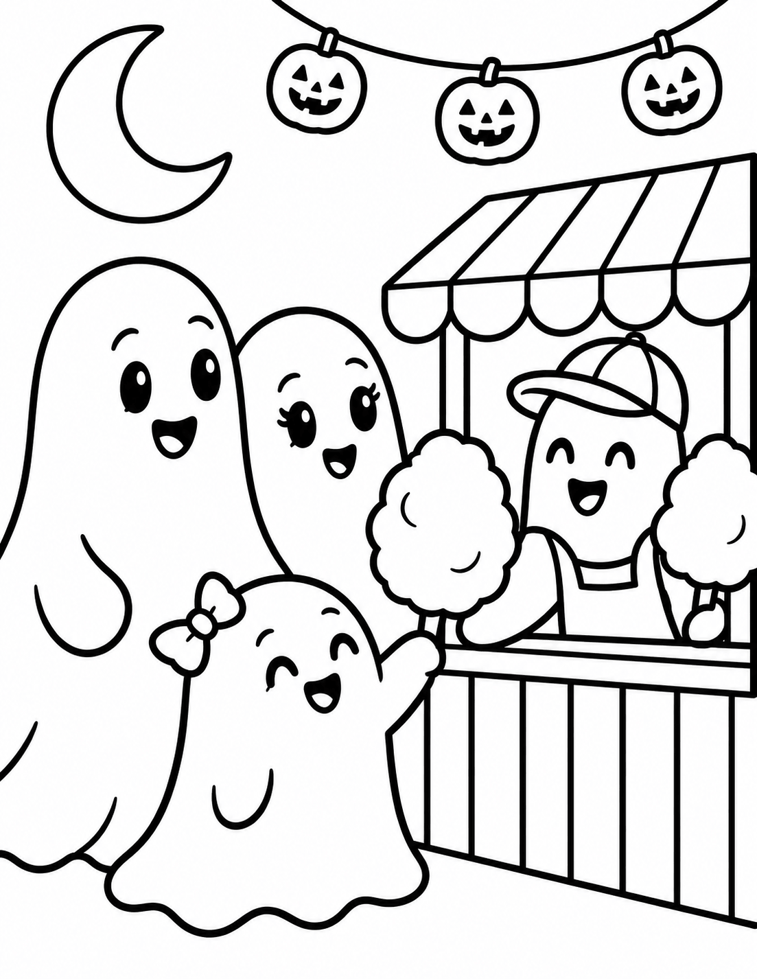 Adorable ghost family Halloween coloring page featuring happy ghosts buying fluffy cotton candy at a carnival booth beneath pumpkin lights.