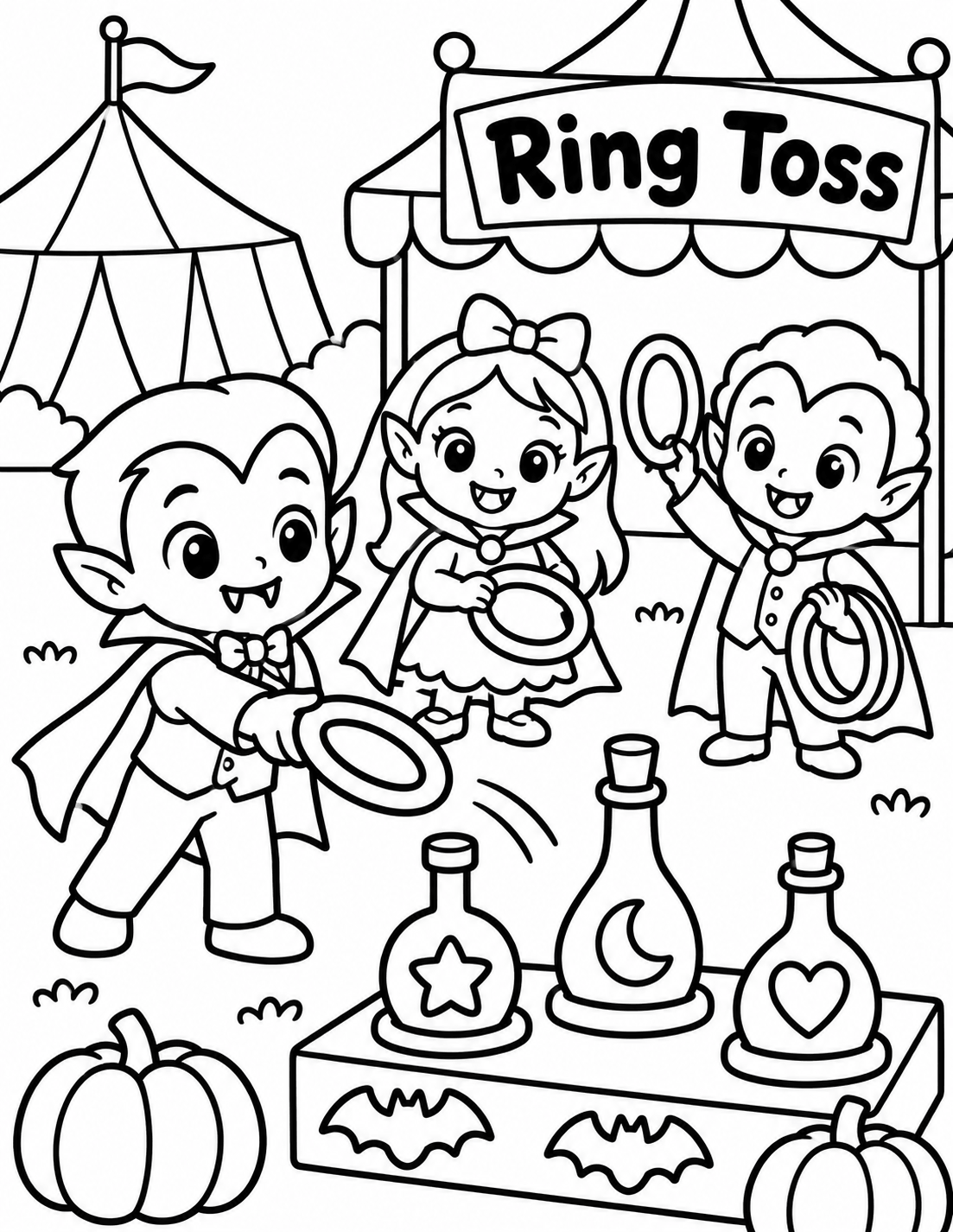 Cute vampire Halloween coloring page featuring three little vampires playing ring toss at a spooky carnival game booth with magical potion bottles.