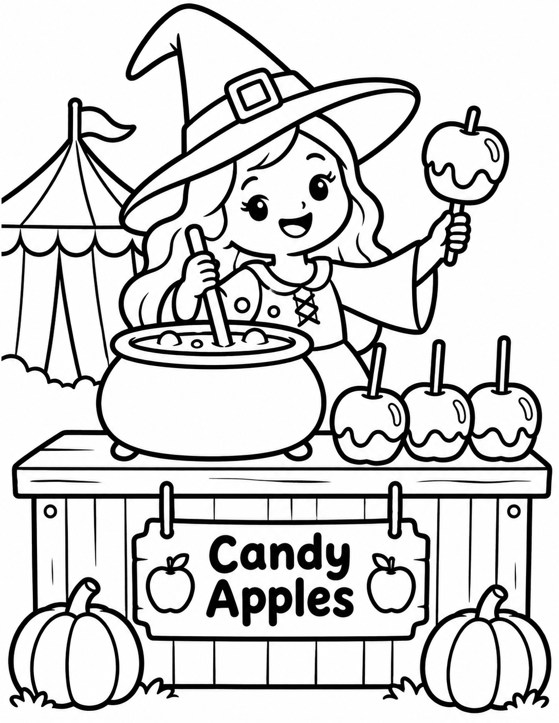 Cute witch Halloween coloring page featuring a smiling little witch making candy apples at a spooky carnival food stand with pumpkins.