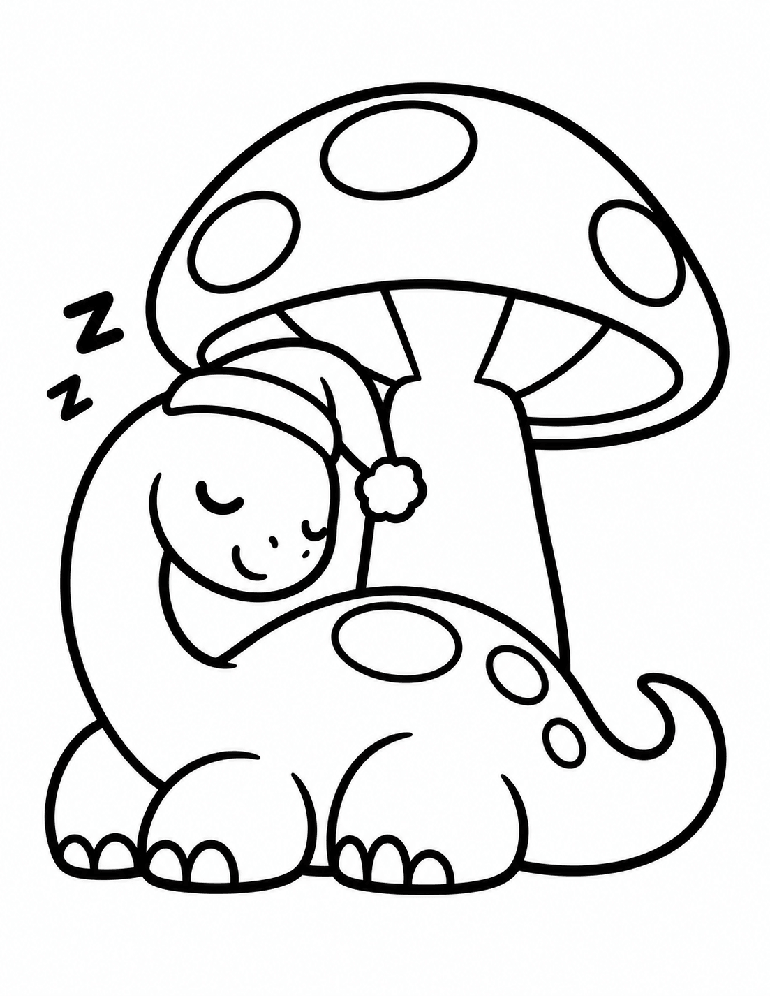 Easy kawaii sleeping dinosaur under a mushroom coloring page
