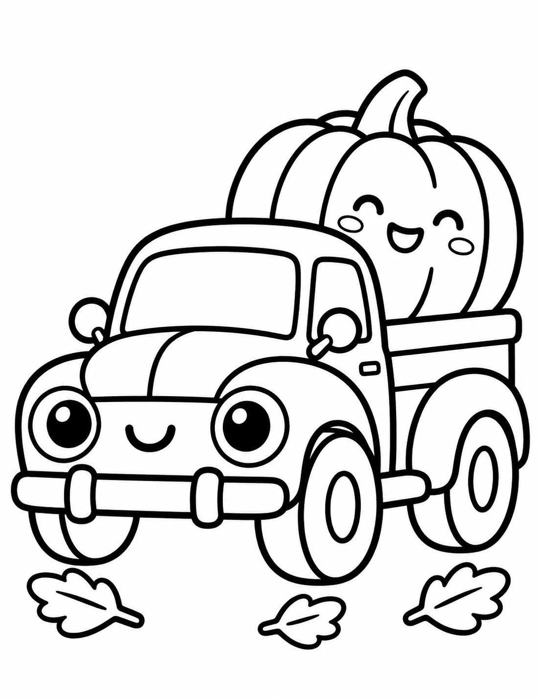 Easy kawaii pickup truck carrying a smiling pumpkin coloring page